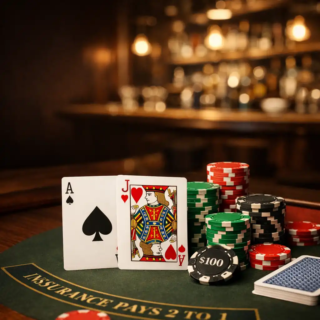 Blackjack asztal kártyákkal és zsetonokkal