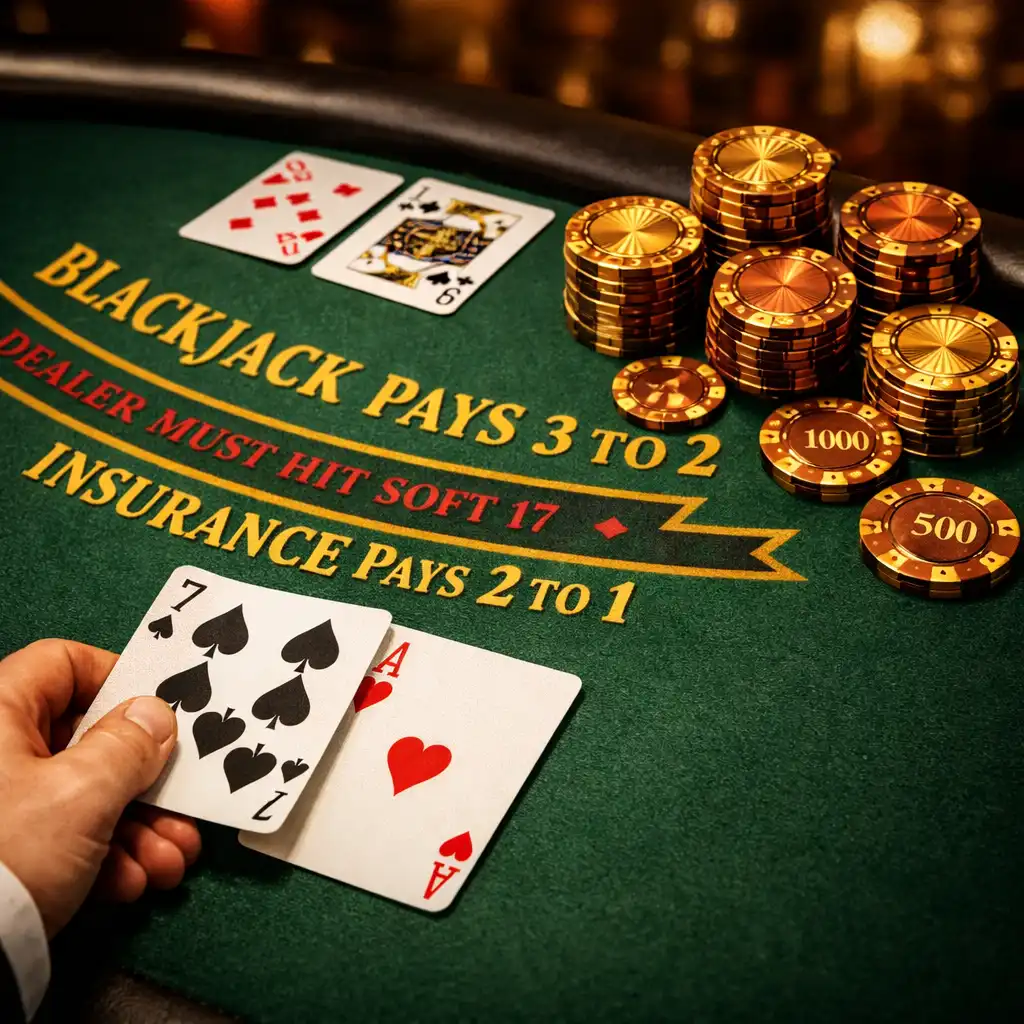 Blackjack asztal felülnézetből, játékos keze lapot helyez az asztalra, réz és arany zsetonokkal
