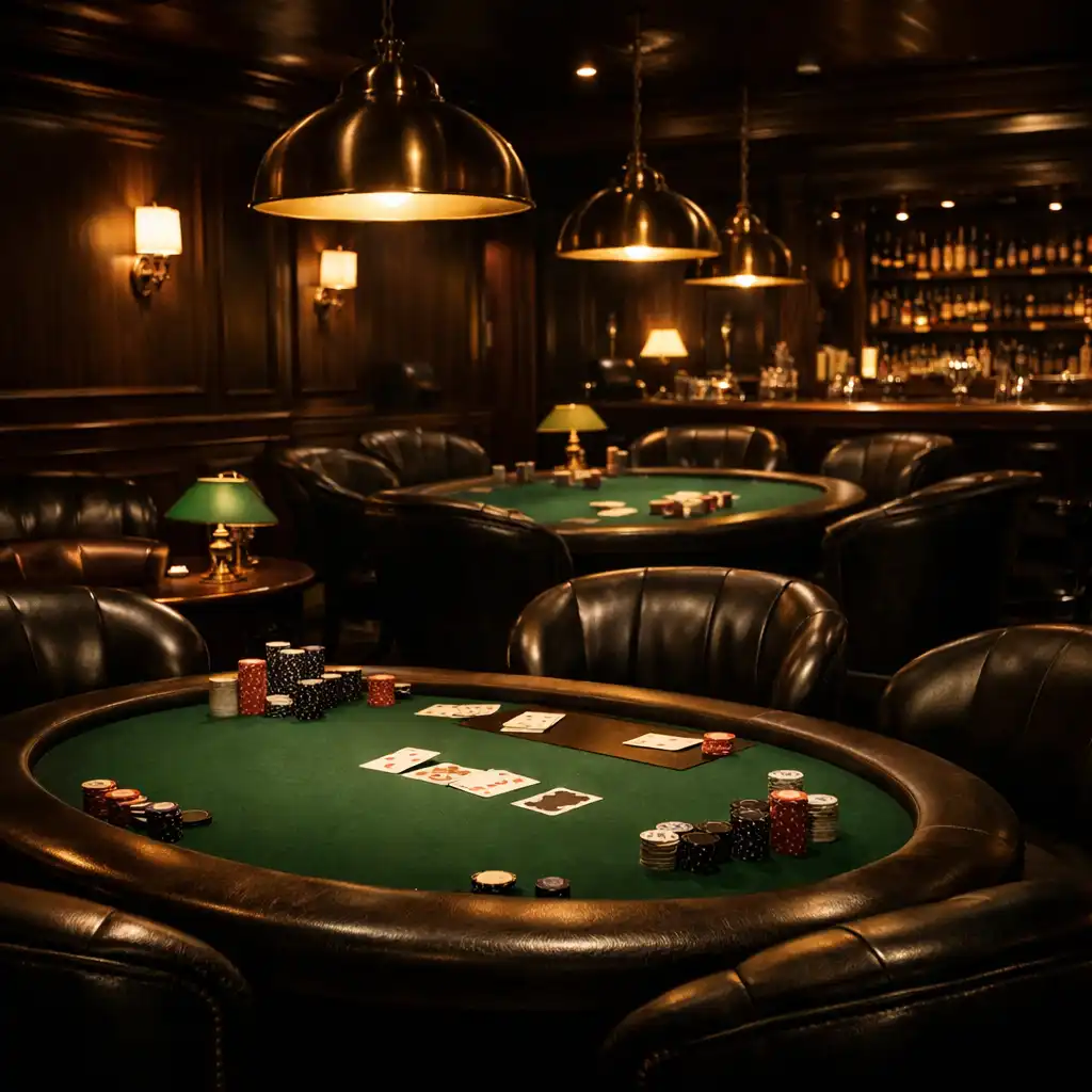 A kaszinó poker lounge-ja zöld filc asztalokkal, bőrfotelekkel és diszkrét világítással