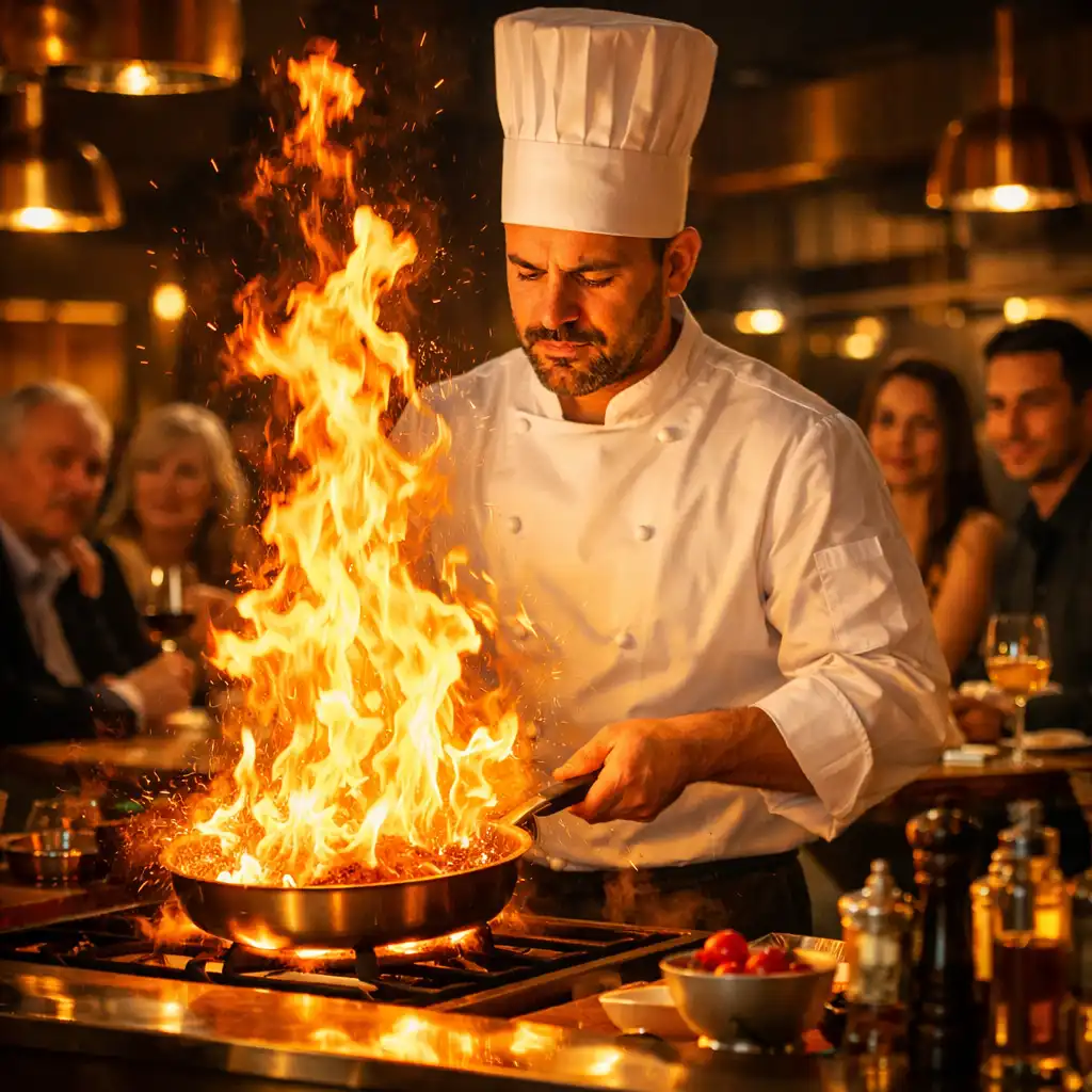 Egy séf flambíroz egy ételt a látványkonyhában, a lángok felcsapnak