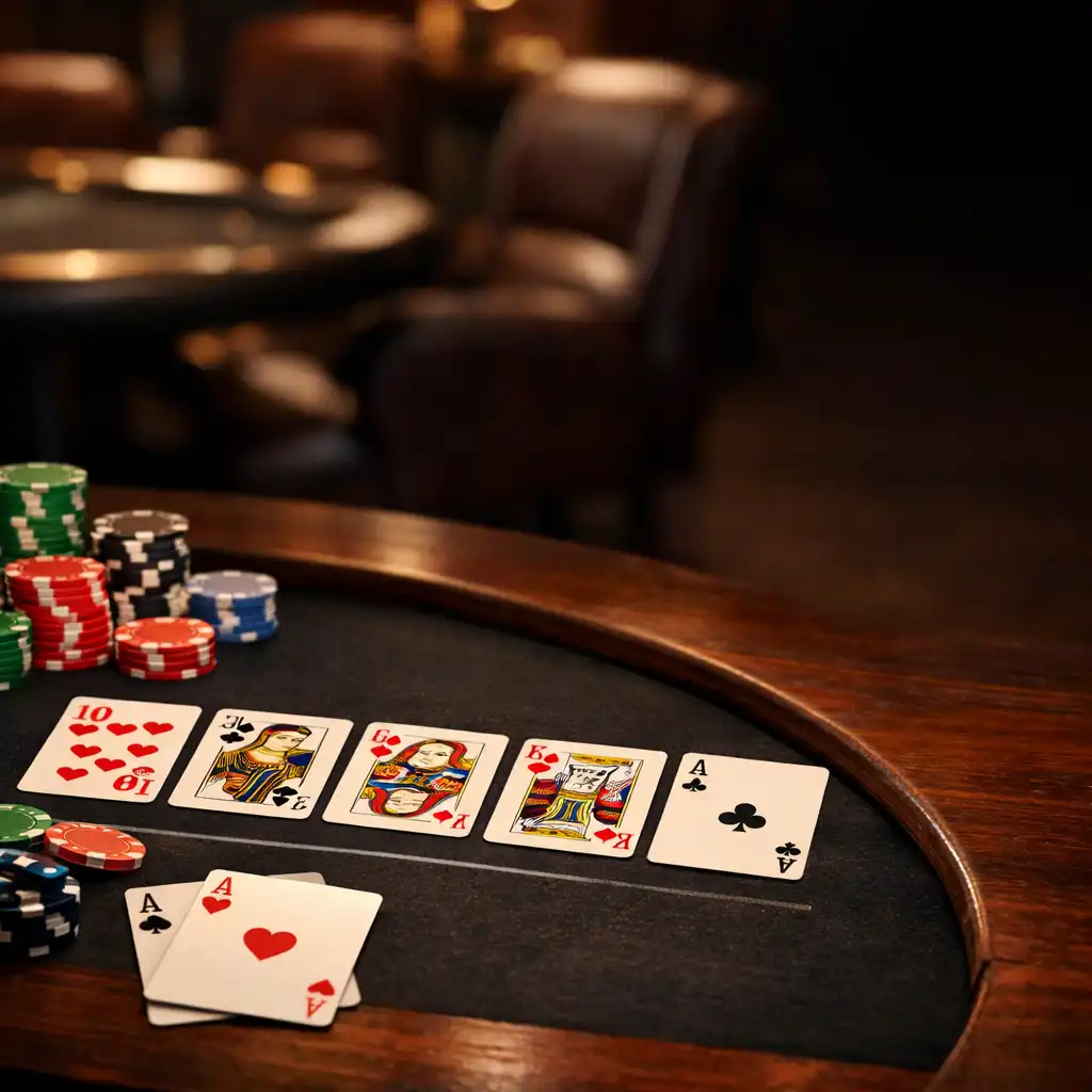 Poker asztal kártyákkal és zsetonokkal, sötét fa asztallapon