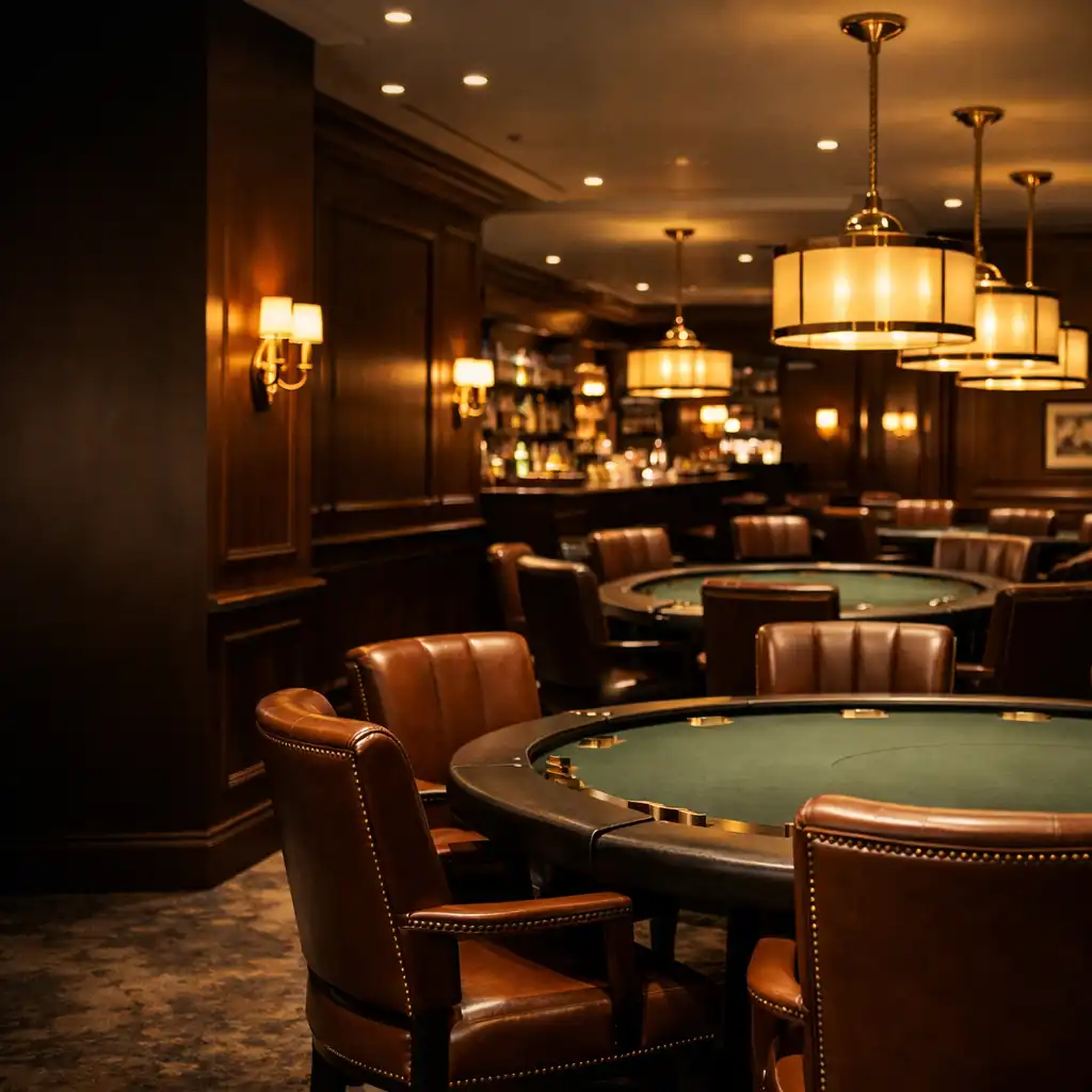 A poker lounge enteriőrje bőr székekkel és elegáns világítással