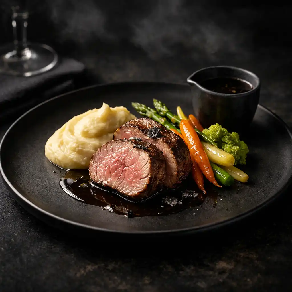 Sous-vide borjúszűz fekete szarvasgombás jus-vel, burgonyapürével és ropogós zöldségekkel